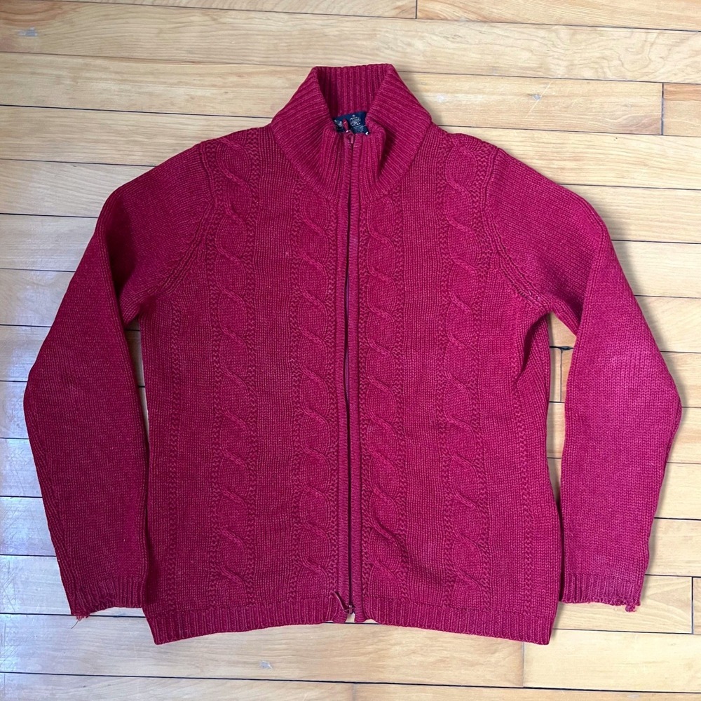 Barbour Mens M Full Zip Cable Knit Wool Cardigan Sweater Burgundy Red Mock Neck
